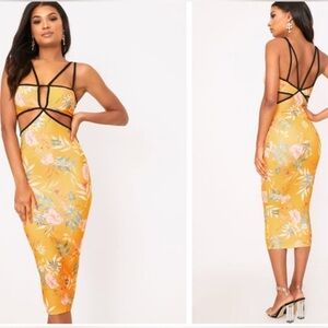 PrettyLittleThing Yellow Floral midi dress xs